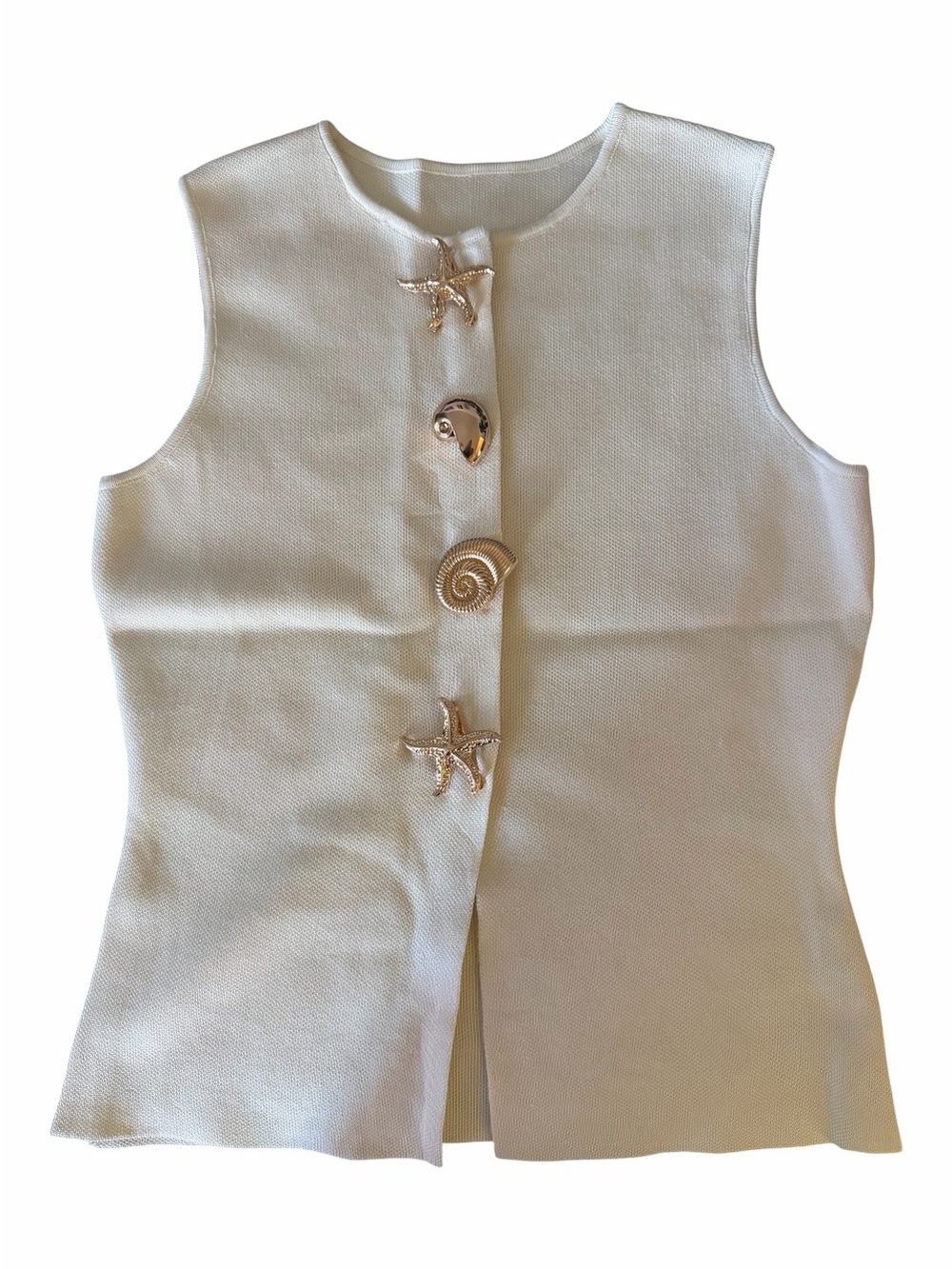 Amazon Women's Cream Sleeveless Shell Top with Gold Shell Buttons